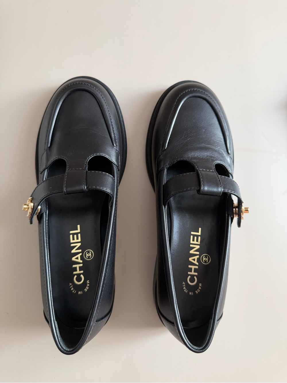 CHANEL Black Leather moccasin Loafers with Gold-Tone CC Buckle